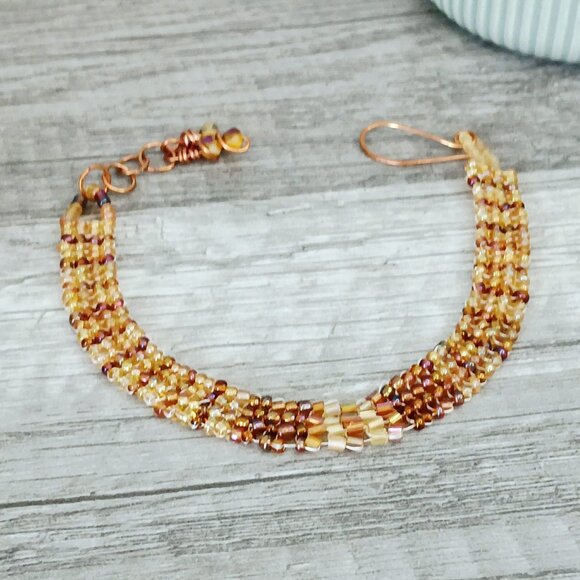 Boho Chic Beaded Herringbone Bracelet, Seed Bead Jewelry, Handmade Artisan - Picture 1 of 6